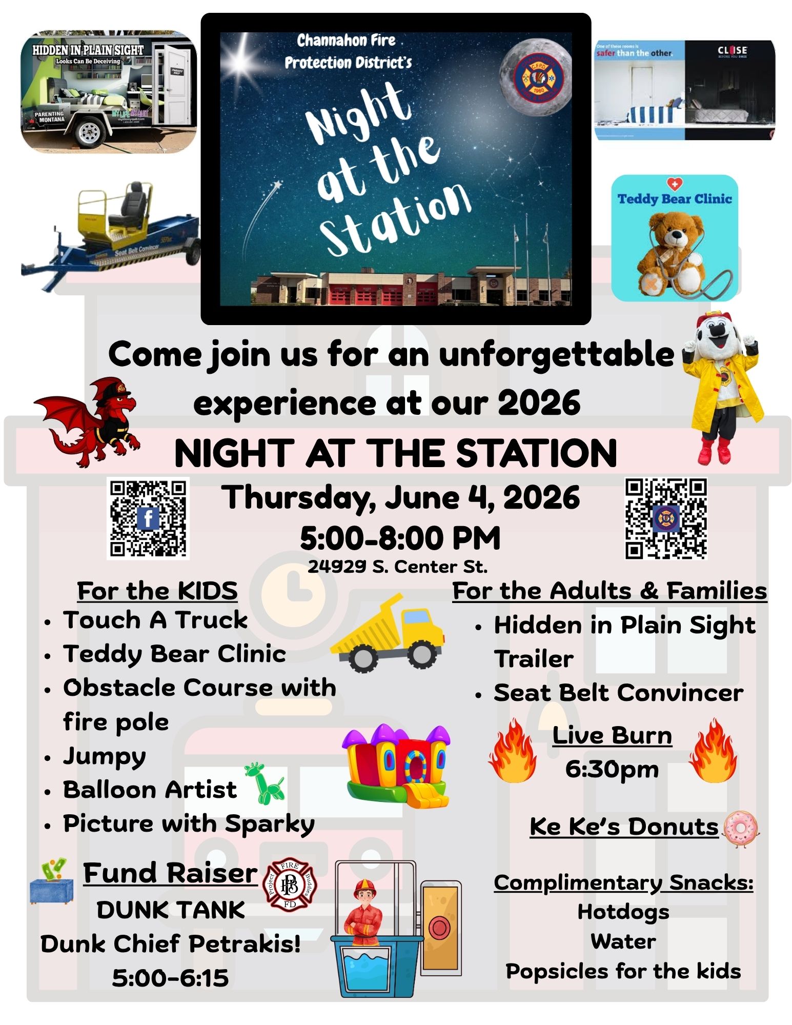 list of events happening at Night at the Station: Kids events, adult events, live burn and more