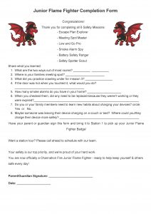 Printable Junior Flame Fighter Completion Form. Complete all 6 missions to receive a prize