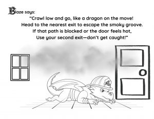 Printable coloring page blaze crawling under smoke to a safe exit