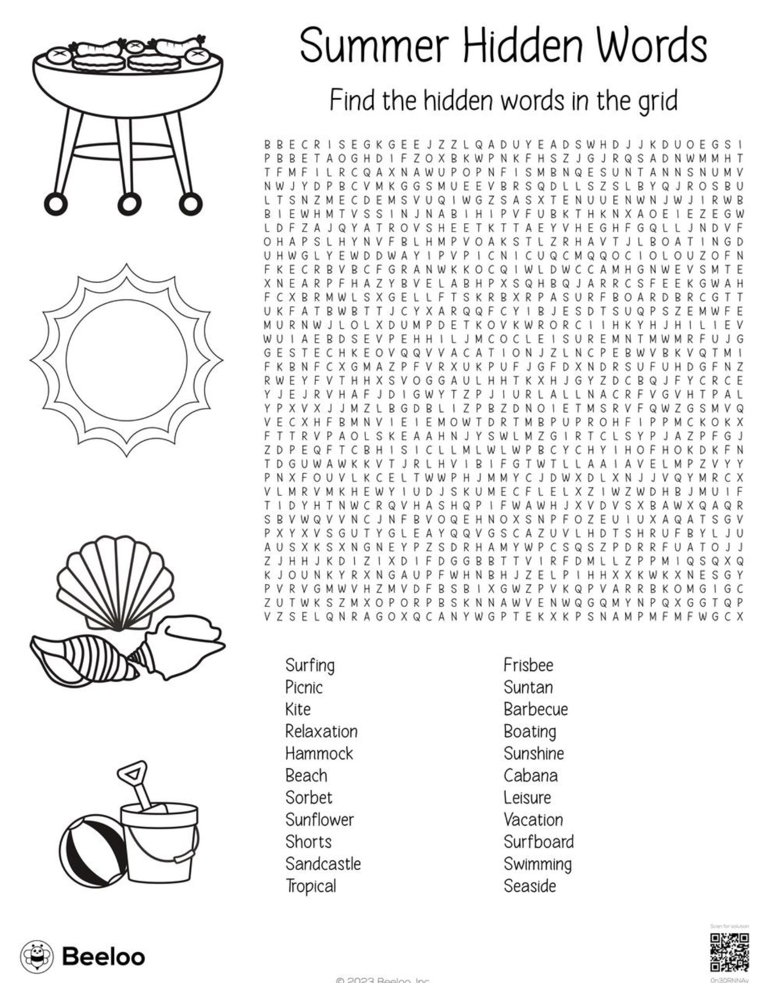 Summer word search. Grill, sun & seashells with word search