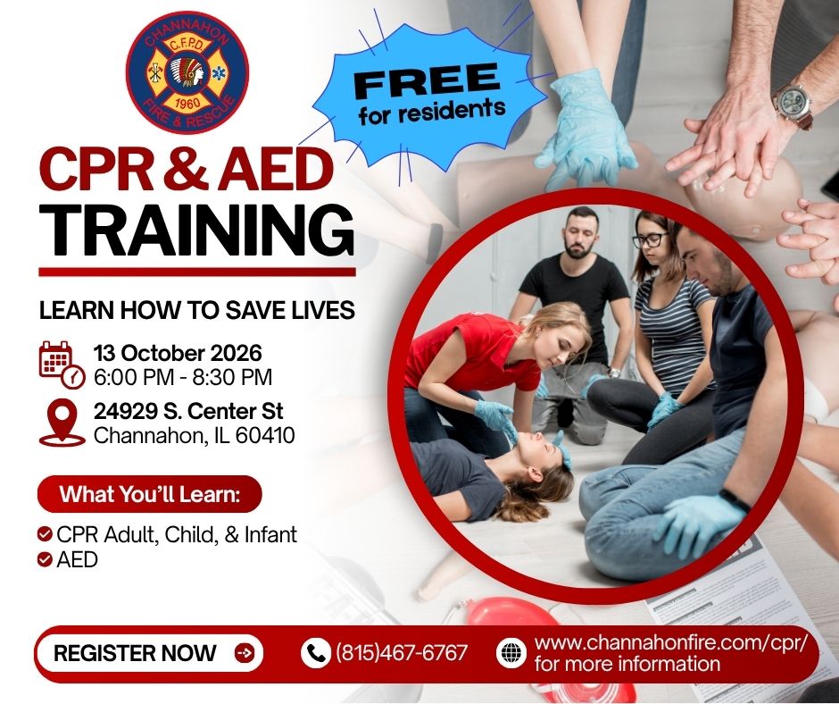 CPR advertisement class on Oct 13th 2026 from 6-8PM Free to residents of Channahon, IL
