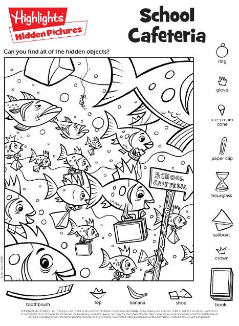 activity sheet. hidden pictures. fish swimming to school cafeteria